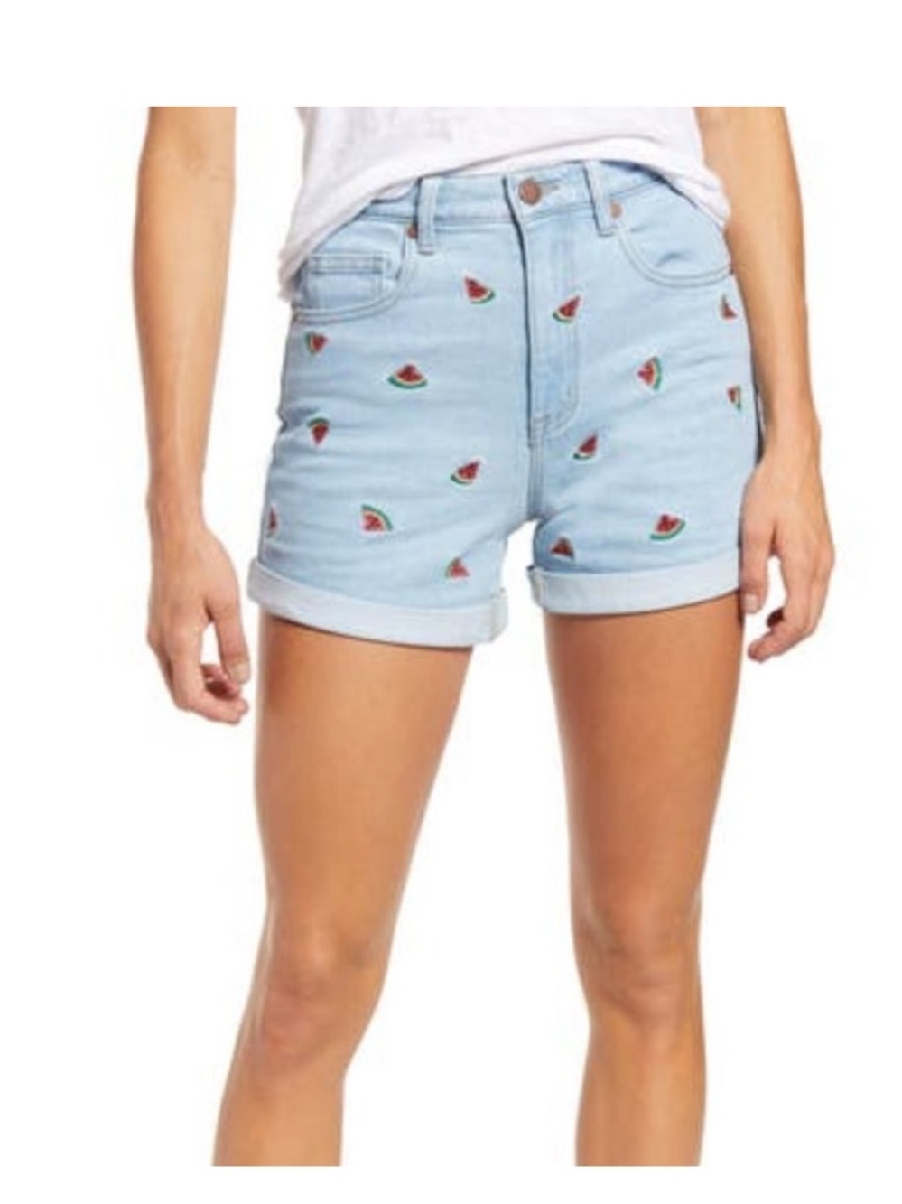 TINSEL: Light Blue Denim Shorts with Watermelon Embroidery
